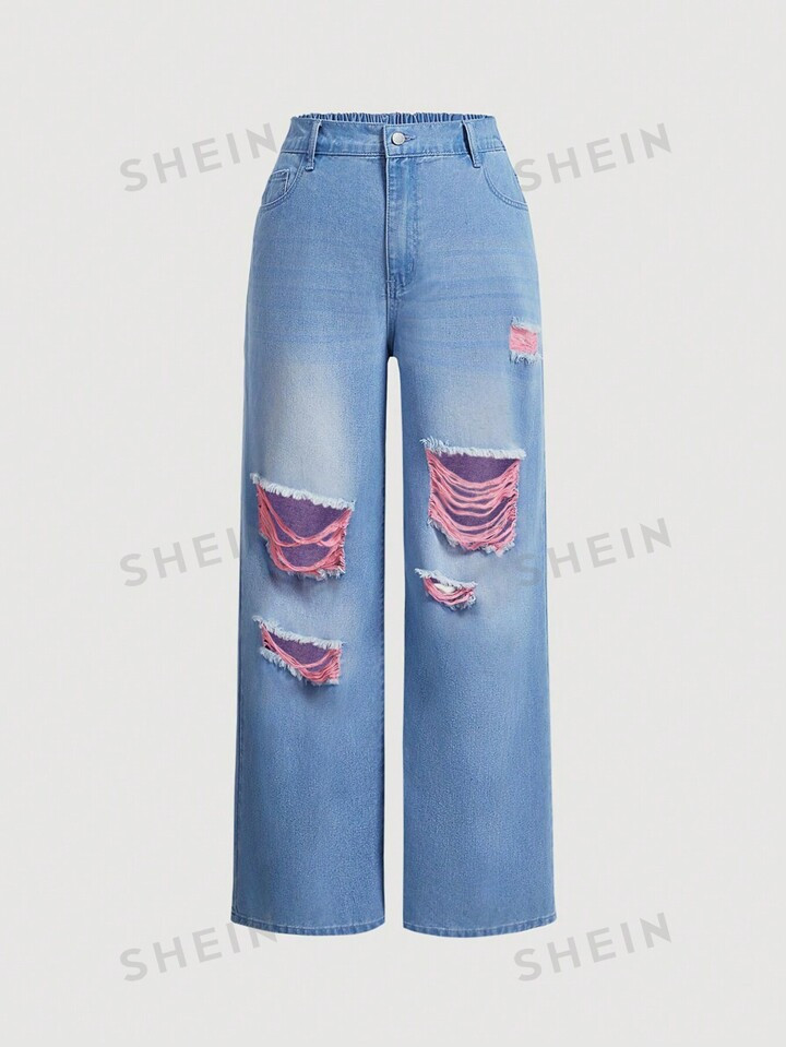 SHEIN MOD Plus Size 2000s Baggy Ripped Jeans Wide Leg Pants Women Jeans Vintage Sweet Ripped Casu... | SHEIN