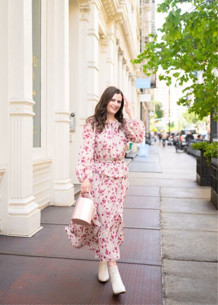 This would make a great wedding guest dress for spring or summer! You could wear it with sneakers to make it more casual or with heels to dress it up. Here it’s styled with a bucket purse and boots for a street style feel  

#LTKwedding #LTKstyletip #LTKSeasonal