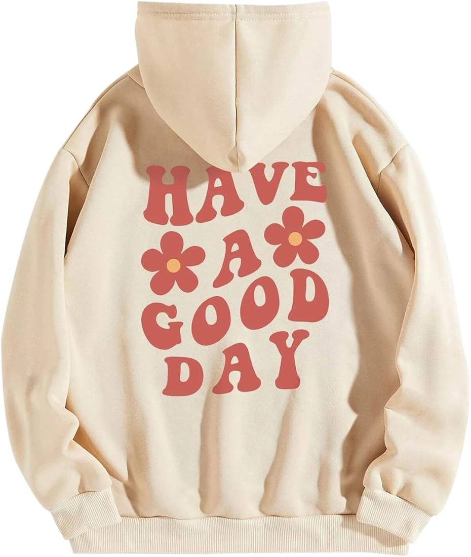 Women Oversize Letter Slogan Graphic Print Hoodie Drop Shoulder Fleece Hooded Sweatshirt Pullover Ae | Amazon (US)