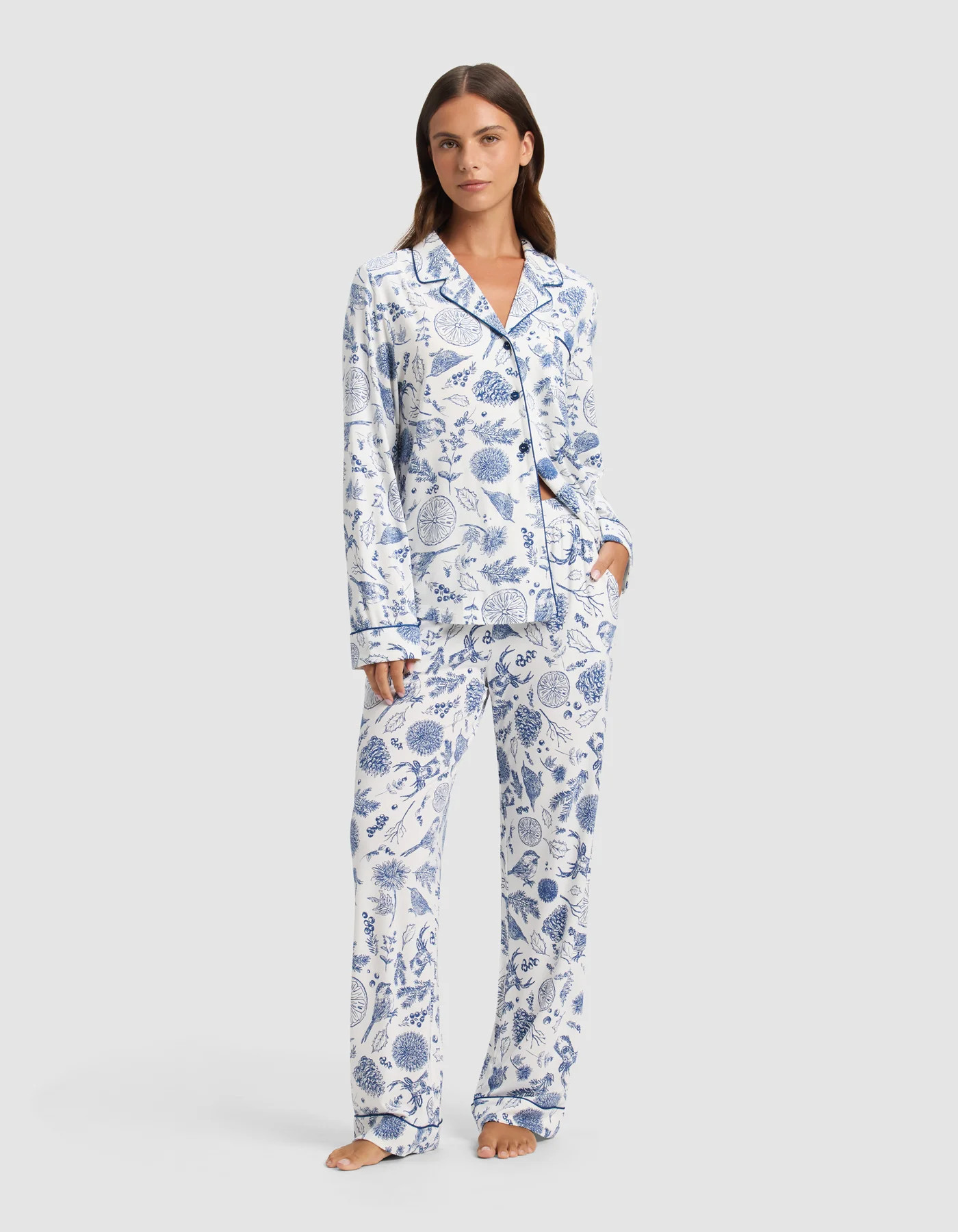 Women's Bamboo Viscose Stretch-Knit Long Sleeve Shirt Pajama Set in Winter Toile Pacific (Size: 3XL) - Cozy Earth | Cozy Earth