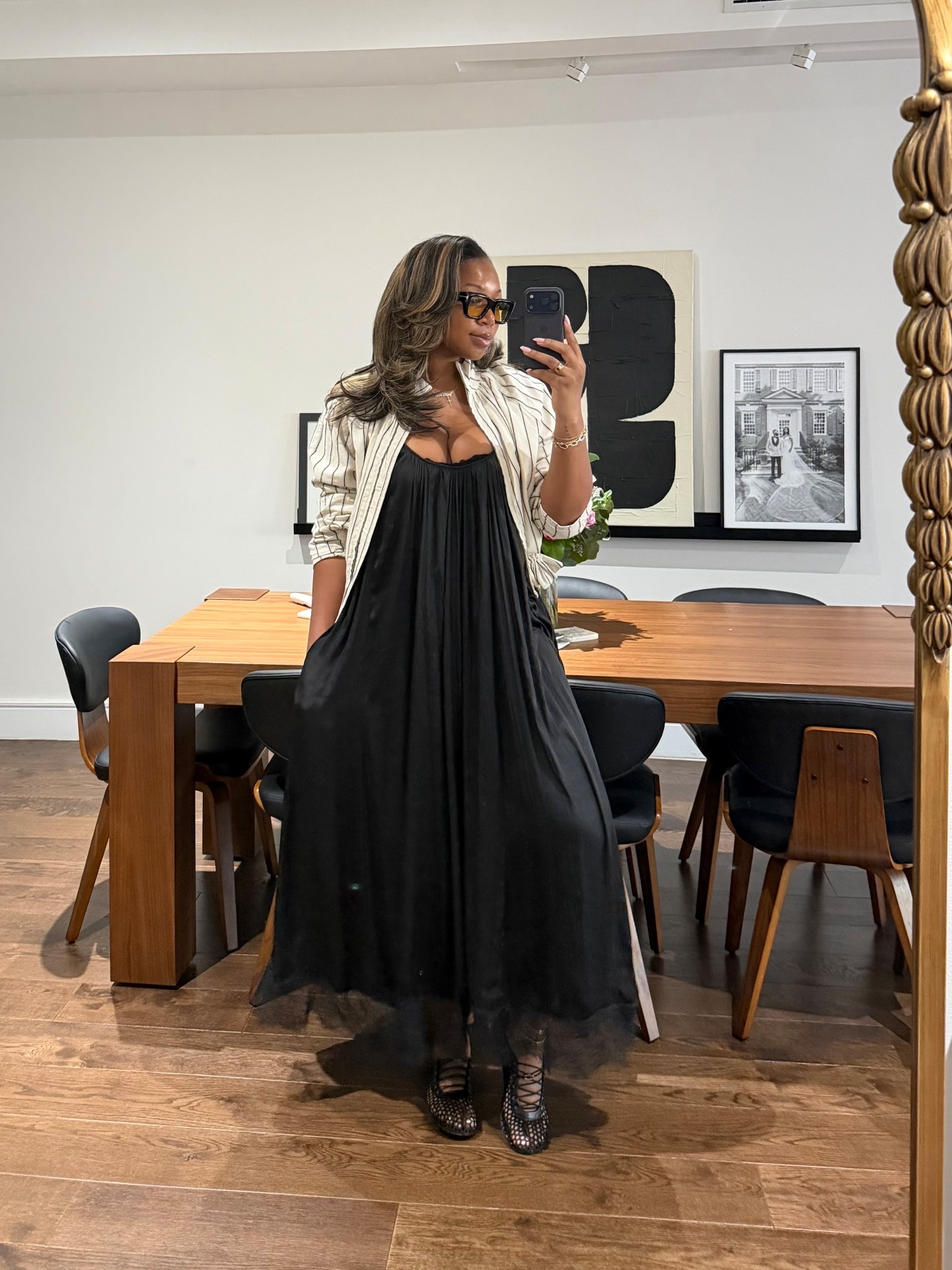 Love this little look for a warm day. Wearing a small and a jacket and a medium and the dress so perfect and flowing.