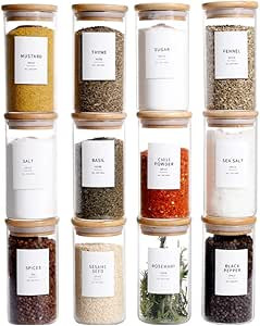 12 Pcs Glass Spice Jars With Bamboo Airtight Lids 8oz Thicken(2.4mm) Spice Containers With 148 Mi... | Amazon (US)