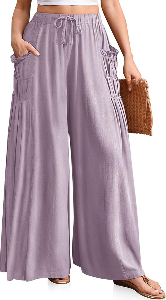 TARSE Women Linen Palazzo Pants Summer Wide Leg Boho Drawstring Casual Lounge Pant Beach Travel V... | Amazon (US)