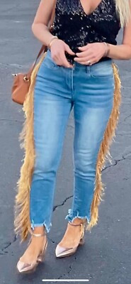 VENUS BLUE JEANS WITH GOLD SIDE FRINGE SIZE 2 Pre Owned | eBay US