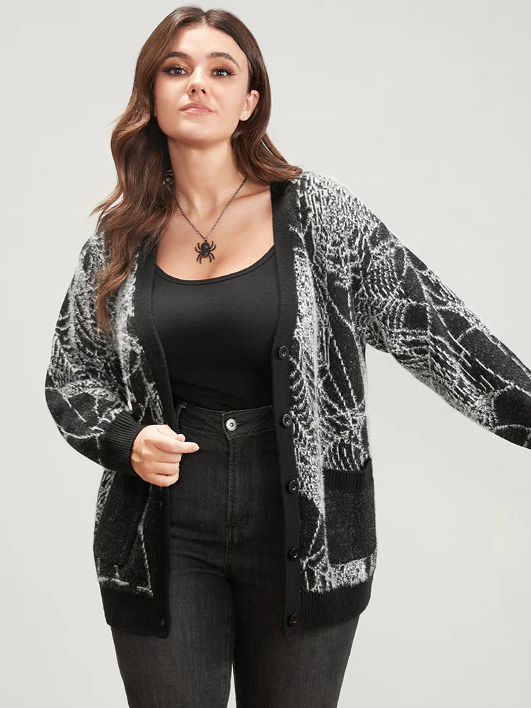 Spider Web Plush Knit Pocket Button Front Cardigan | Bloomchic