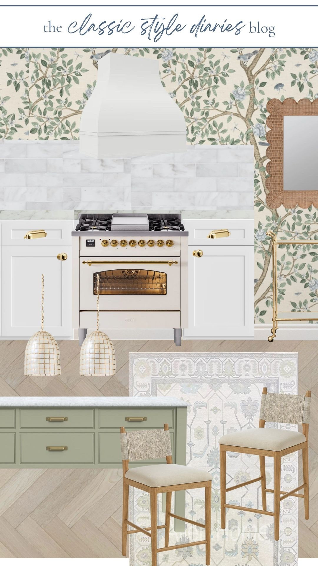 Tired of white kitchens? There’s so many ways to add personality! Love this whimsical, traditional wallpaper paired with the green kitchen island to add personality. 
Capiz pendants, rattan mirror, gold bar cart and wood barstools/counterstools bring it all together. 

#LTKSaleAlert #LTKHome
