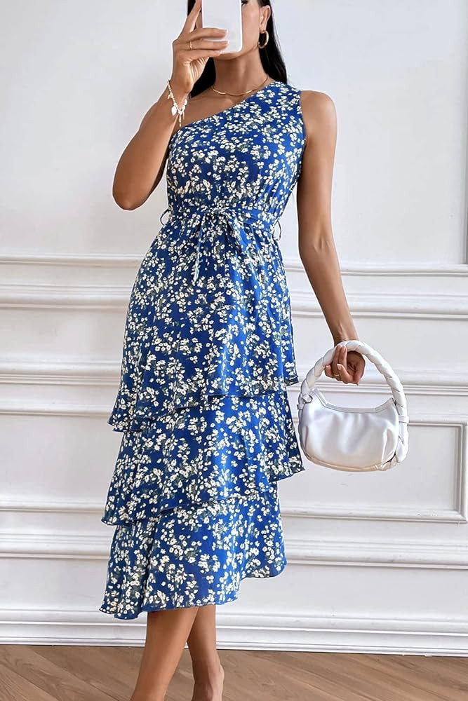 PRETTYGARDEN Women's Summer Floral Sundress Casual One Shoulder Tiered Ruffle Flowy Midi Beach Bo... | Amazon (US)
