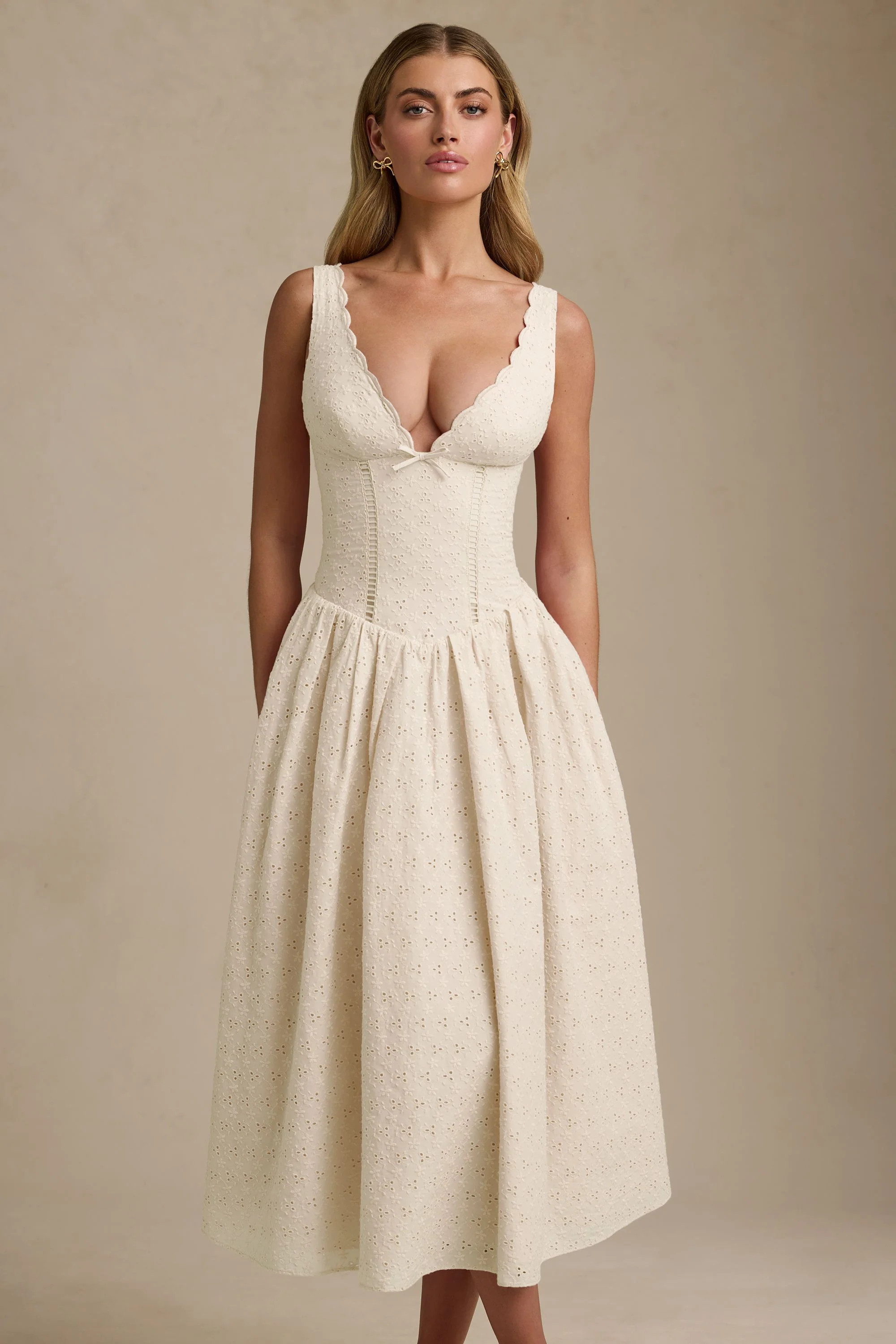 Broderie Anglaise Bow-Detail A-Line Midaxi Dress in Ivory | Oh Polly