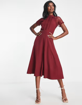 Liquorish a-line lace detail midi dress in burgundy | ASOS (Global)