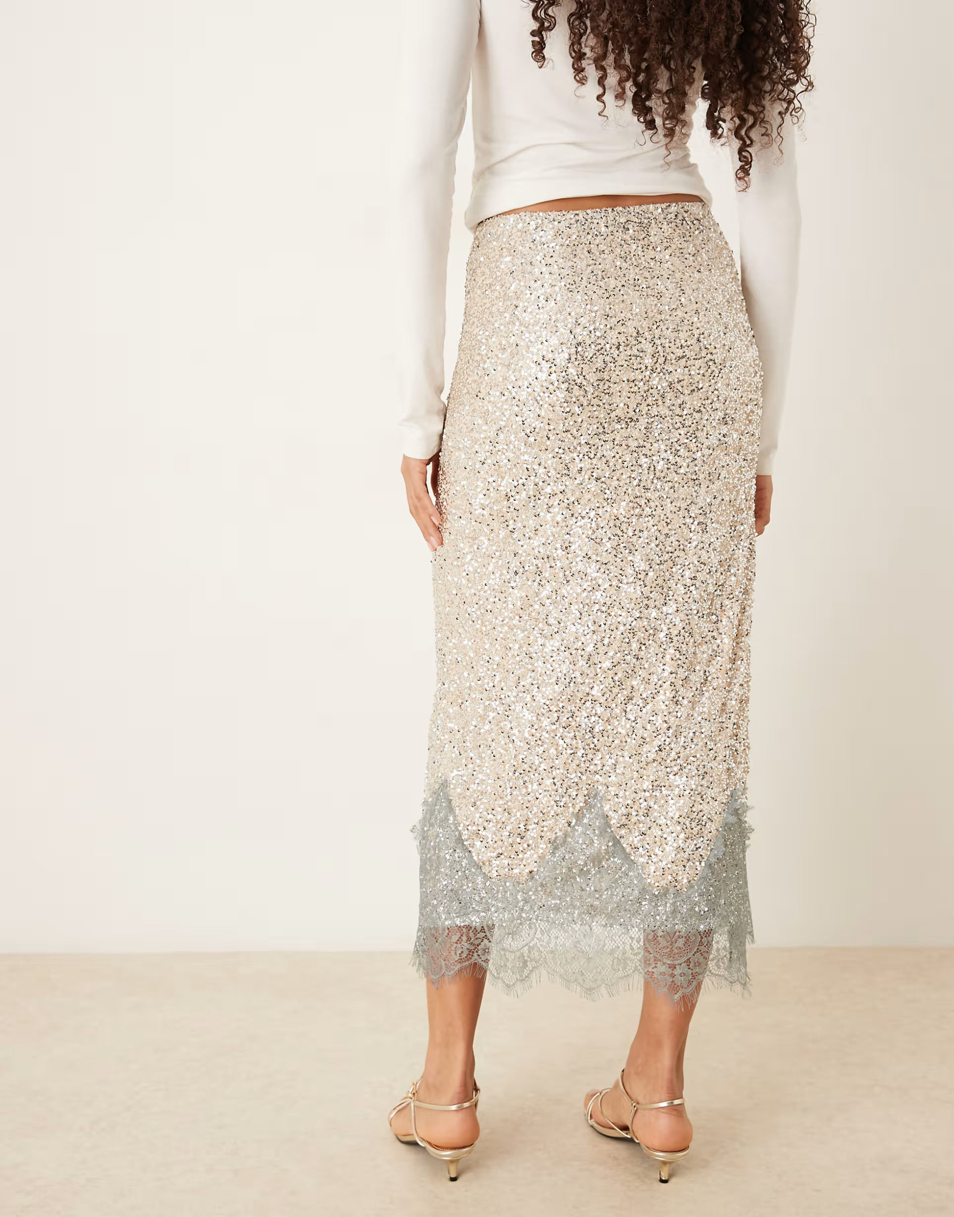 Never Fully Dressed Maeva midaxi skirt in silver sequins with lace trim | ASOS | ASOS (Global)