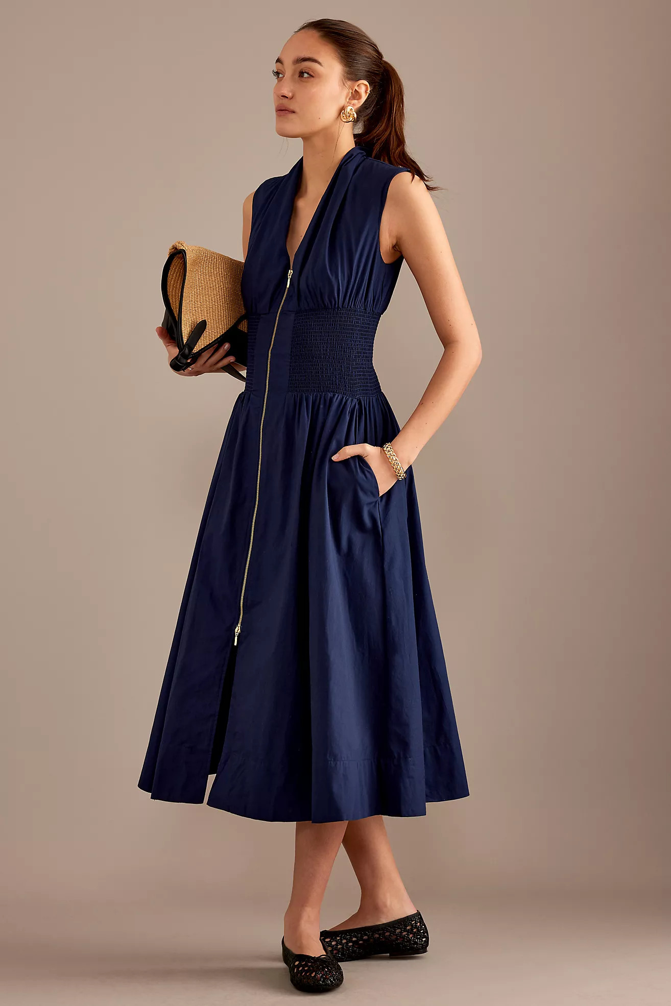 The Tommie Cap-Sleeve Smocked Front-Zip Shirt Dress | Anthropologie (US)