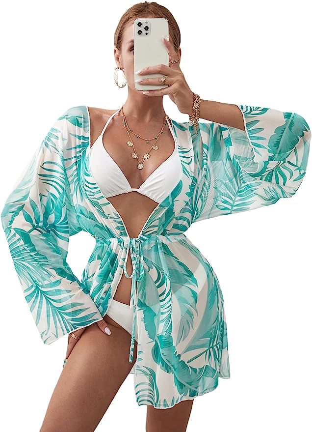 MakeMeChic Women's Tropical Print Swimsuit Beach Cover Up Tie Waist Kimono Cardigan | Amazon (US)