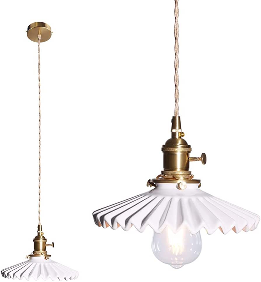 Shenmoyl Pendant Light Retro White Pleated Ceramic Lampshade Nordic Hanging Lamp, Brass Finish Ce... | Amazon (US)