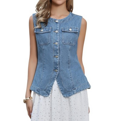 INSPIRE CHIC Women's Denim Crew Neck Sleeveless Button Down Cropped Jean Vests
 Large Blue | Target