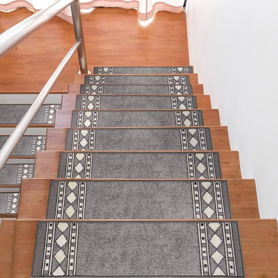 Antep Rugs Non Slip Stair Treads Carpet Modern Bordered Peel and Stick Alfombras, Set of 13, Gray... | Amazon (US)