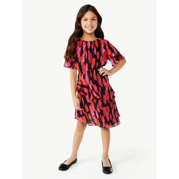 Scoop Girls Ruffle Tier Dress with Flutter Sleeves, Sizes 4-12 | Walmart (US)