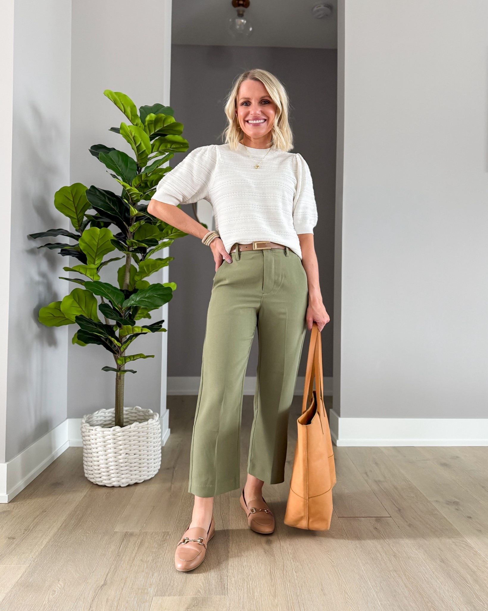 Spring work outfit with green pants. Love this elevated simple white top.

#LTKootd #LTKOver40 #LTKPetite