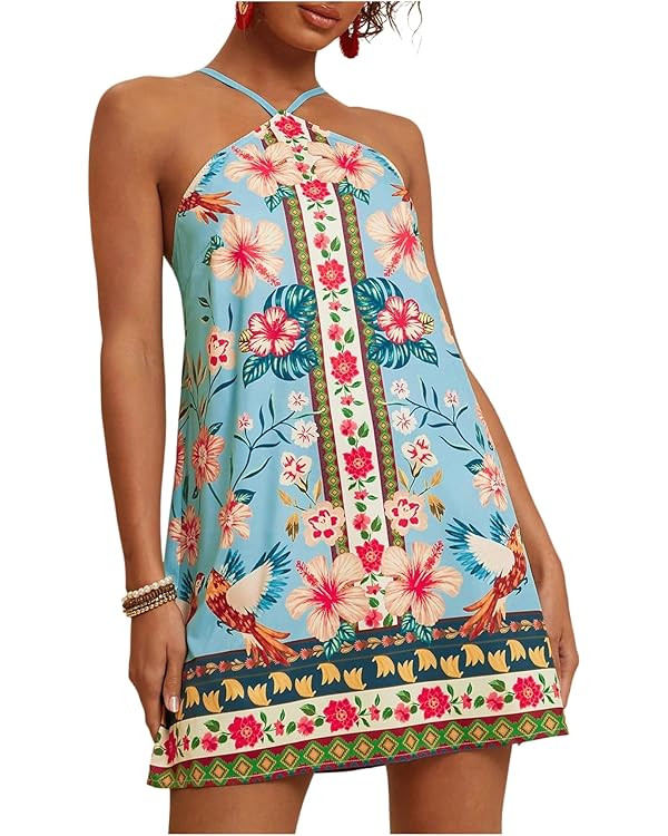 MakeMeChic Women's Halter Dresses Summer Beach Backless Tropical Vacation Caribbean Outfits Boho ... | Amazon (US)
