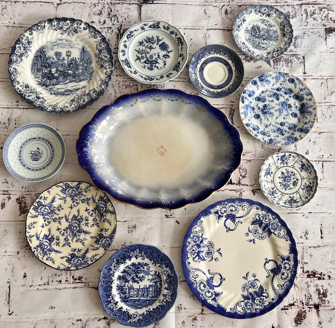 Mismatched Floral Transferware Plates- Set of 11 Vintage Wall Decor | Etsy (US)