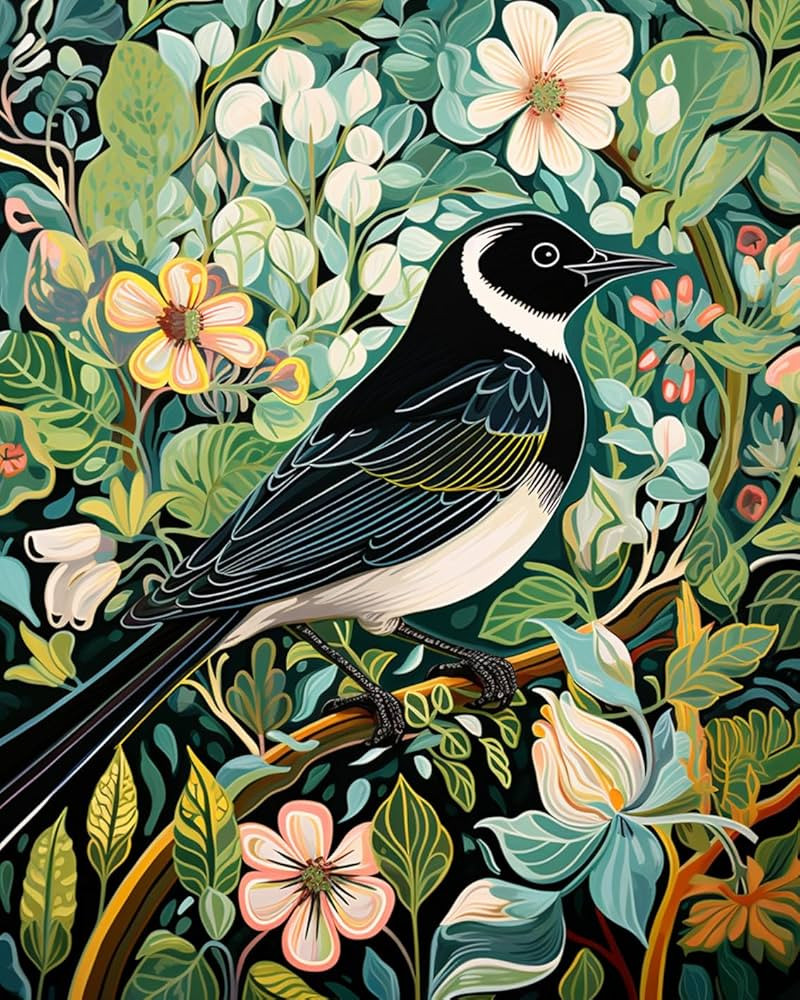 Black Bird with Green Floral Background Paint by Number Bold Plants DIY Painting on Canvas with B... | Amazon (US)