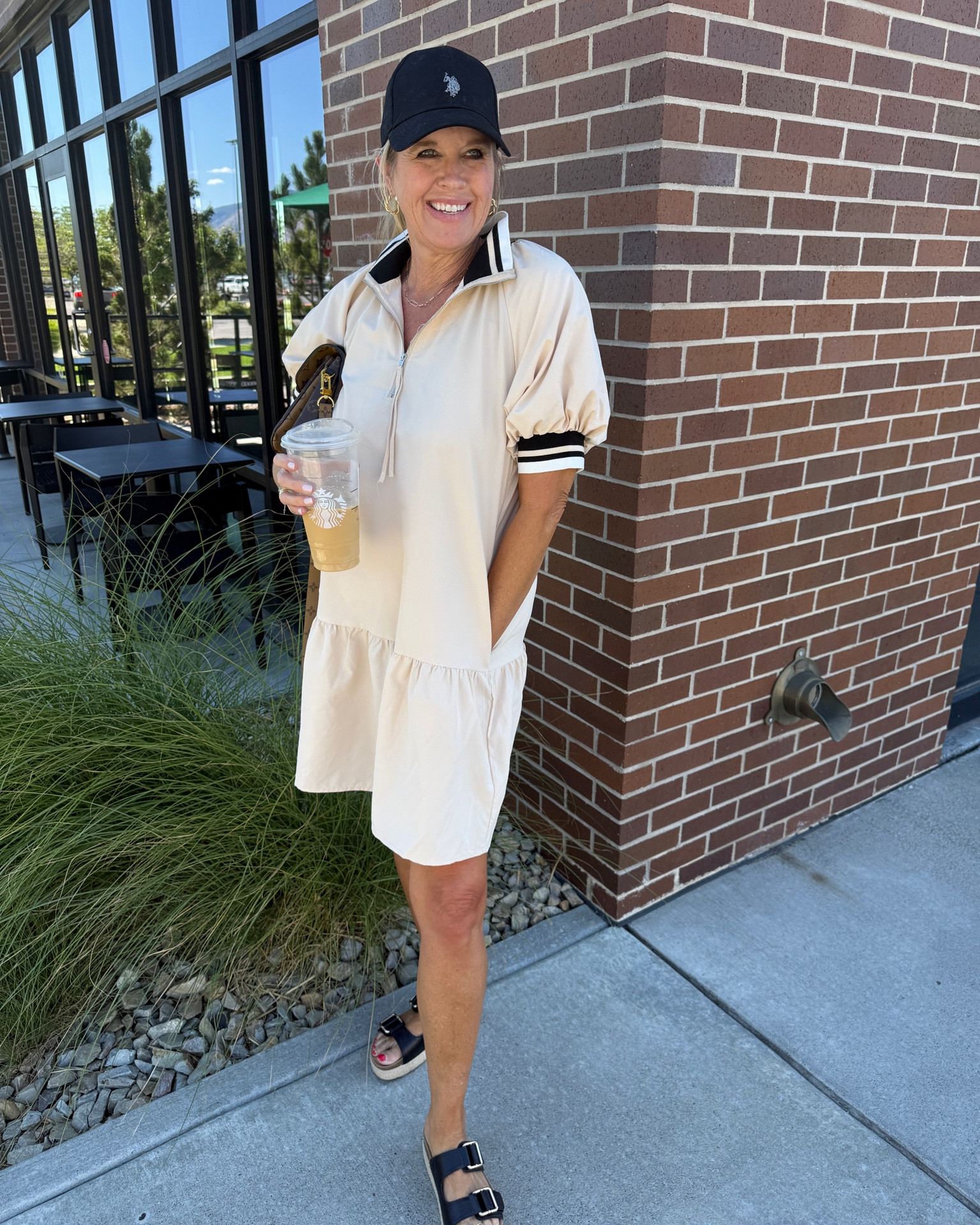 Affordable Saturday Style dress that you can where sporty … with its cute polo stripped collar and sleeve trim  zip front  and has pockets.
Comes in several colors and fits tts I am in the
Med 

Styled with a Ralph Lauren baseball cap 

Frankie4 platform two buckle comfy sandals with braided raffia sole 

Gold hoop earrings 

Another way to style this would be with low profile sneakers, a sporty bag and baseball cap  
With sweatshirt over your shoulders

#LTKgrwm #LTKootd #LTKOver40