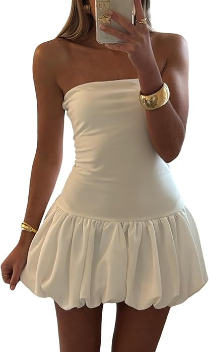 Women Strapless Mini Dress Tube Top Bubble Skirt Off Shoulder Corset Top Balloon Short Dress Club... | Amazon (US)
