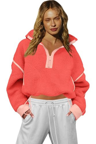 LAMISSCHE Half Zip Sweatshirt Women Oversized Sherpa Jacket V Neck Fleece Pullover Hoodie with Pockets(Neon Coral Combo,XS) | Amazon (US)