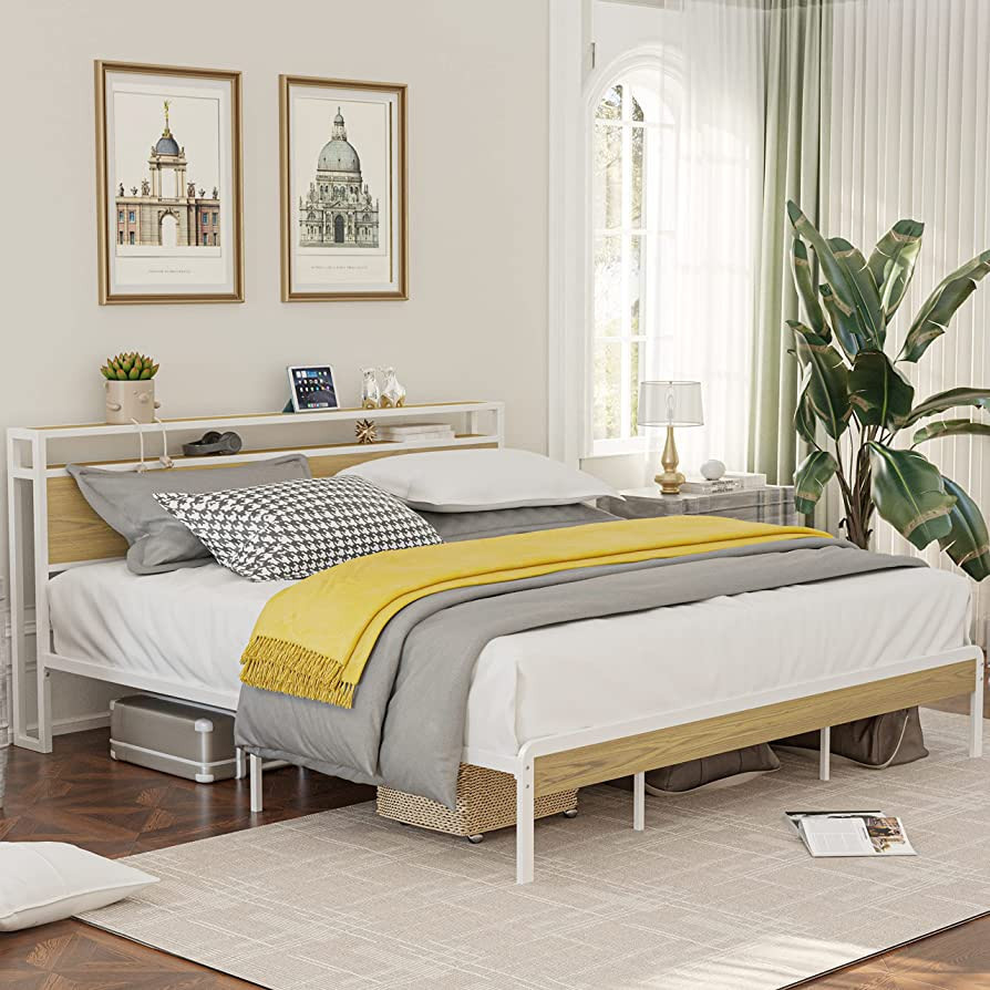 LIKIMIO Queen Bed Frame, Platform Bed Frame with 2-Tier Storage Headboard, Solid and Stable, Nois... | Amazon (US)
