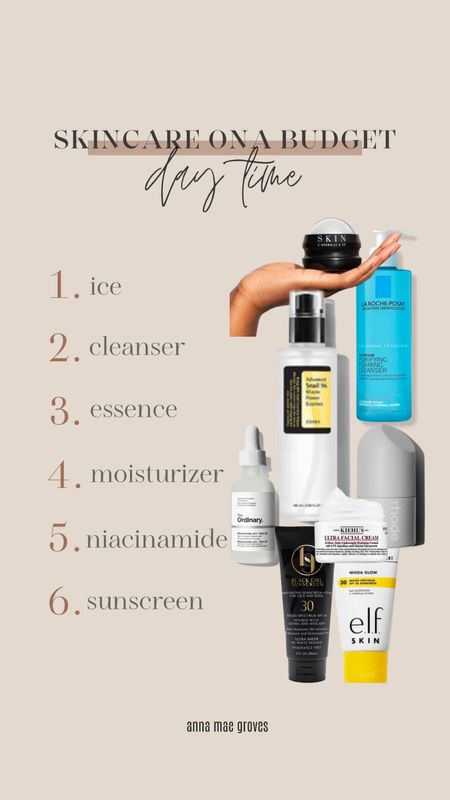 skincare on a budget—  daytime routine: 

Ice: Skin by BrownLee cryoball 
Cleanser-  La Roche-Posay purifying foaming 
Essence:  Cos rx snail mucin 
Moisturizer Rhode glazing fluid or Kiehls ultra moisturizer 
Niacinamide: the ordinary 
Sunscreen: Elf whoa glow or Black girl sunscreen spf 30 

#LTKbeauty #LTKfindsunder50
