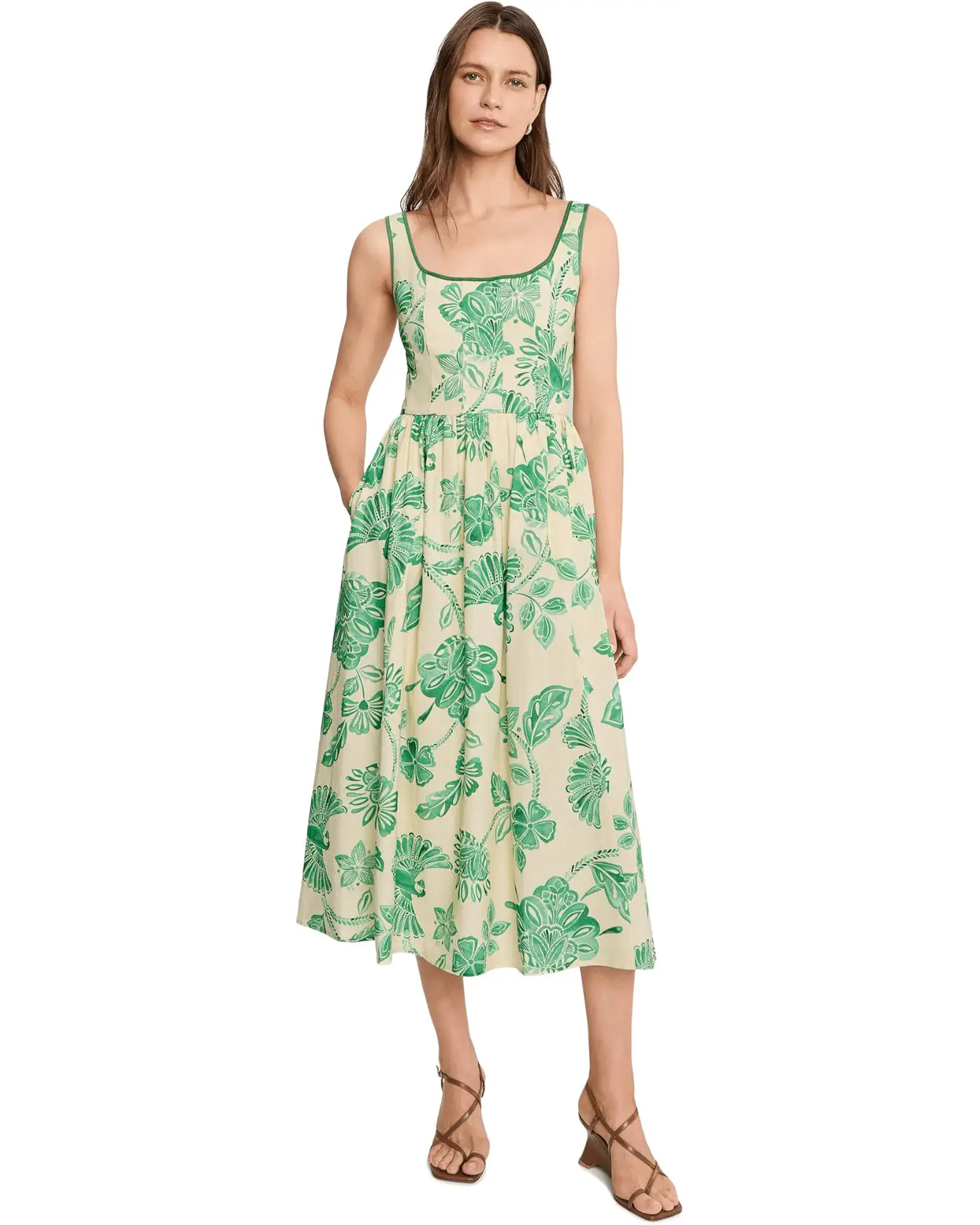 Women's Avec Les Filles Linen Blend Floral Print Midi Dress | Zappos.com