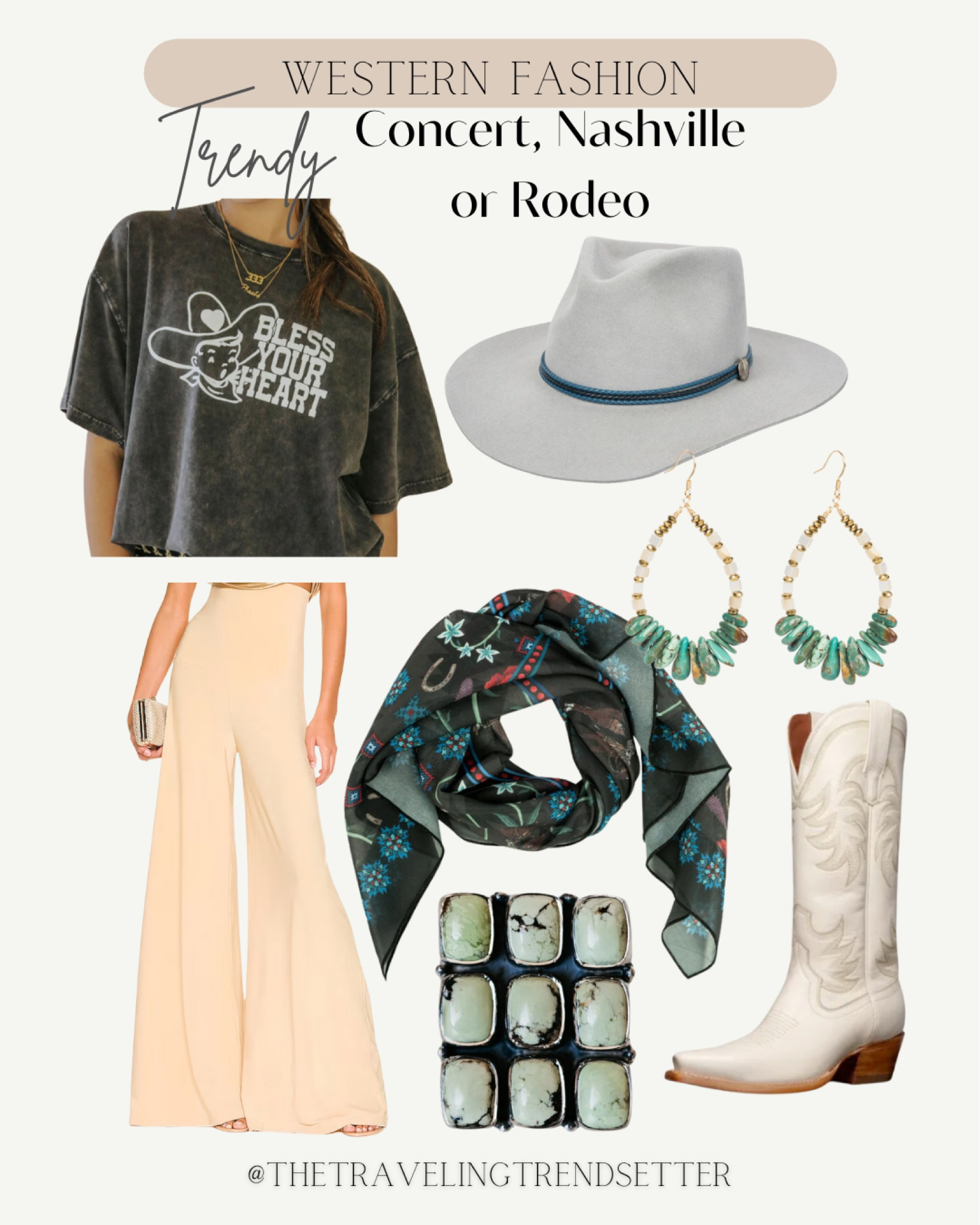 Western fashion - country concert outfits - Nashville - graphic tee - bell buttoms - wild rag - earrings - cowgirl
Boots - turquoise - boho - travel
- vacation - music festival - workwear - teacher outfit 

#LTKfindsunder100 #LTKfindsunder50 #LTKstyletip