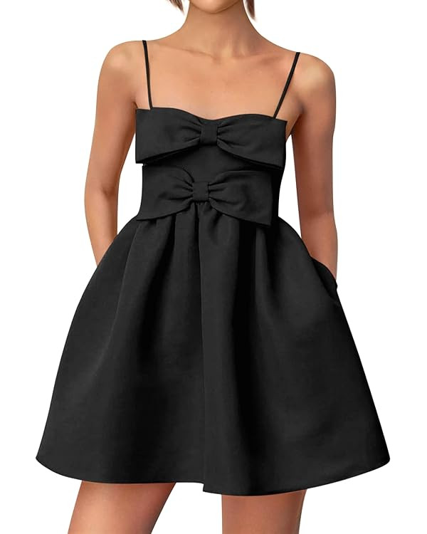 Yousify Womens Cute mini Bow Dresses Spaghetti Strap Elegant Babydoll A Line Short Cocktail Party... | Amazon (US)