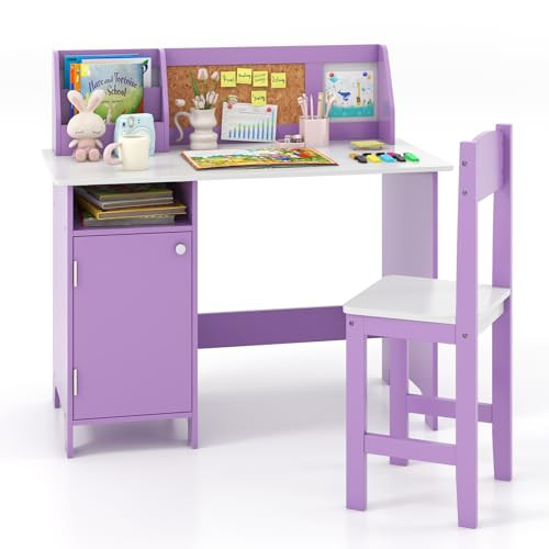 Costzon Kids Desk and Chair Set, Wooden Children Study Table with Storage, Hutch, Cork Bulletin Board, Whiteboard & Marker, Student Computer Workstation Writing Desk for Kids Bedroom, School, Purple | Amazon (US)
