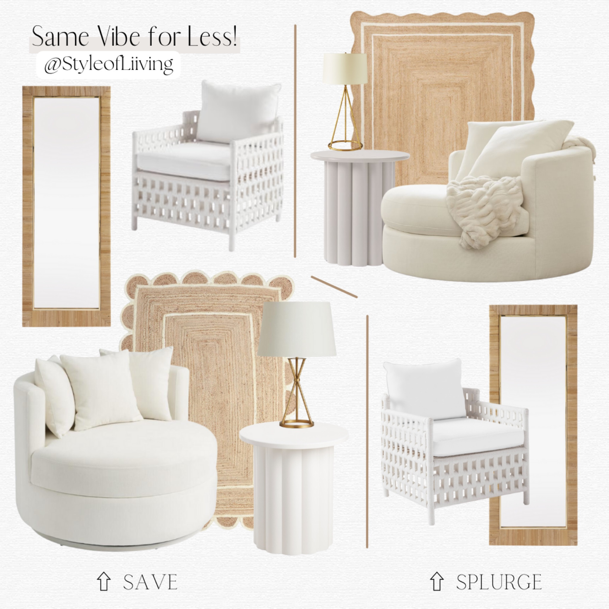 Same vibe for less. Save or splurge. Accent swivel chairs, scallop jute rugs, floor rectangular mirrors, round white side table, golden table lamps, white outdoor chairs.

#LTKsalealert #LTKstyletip #LTKhome