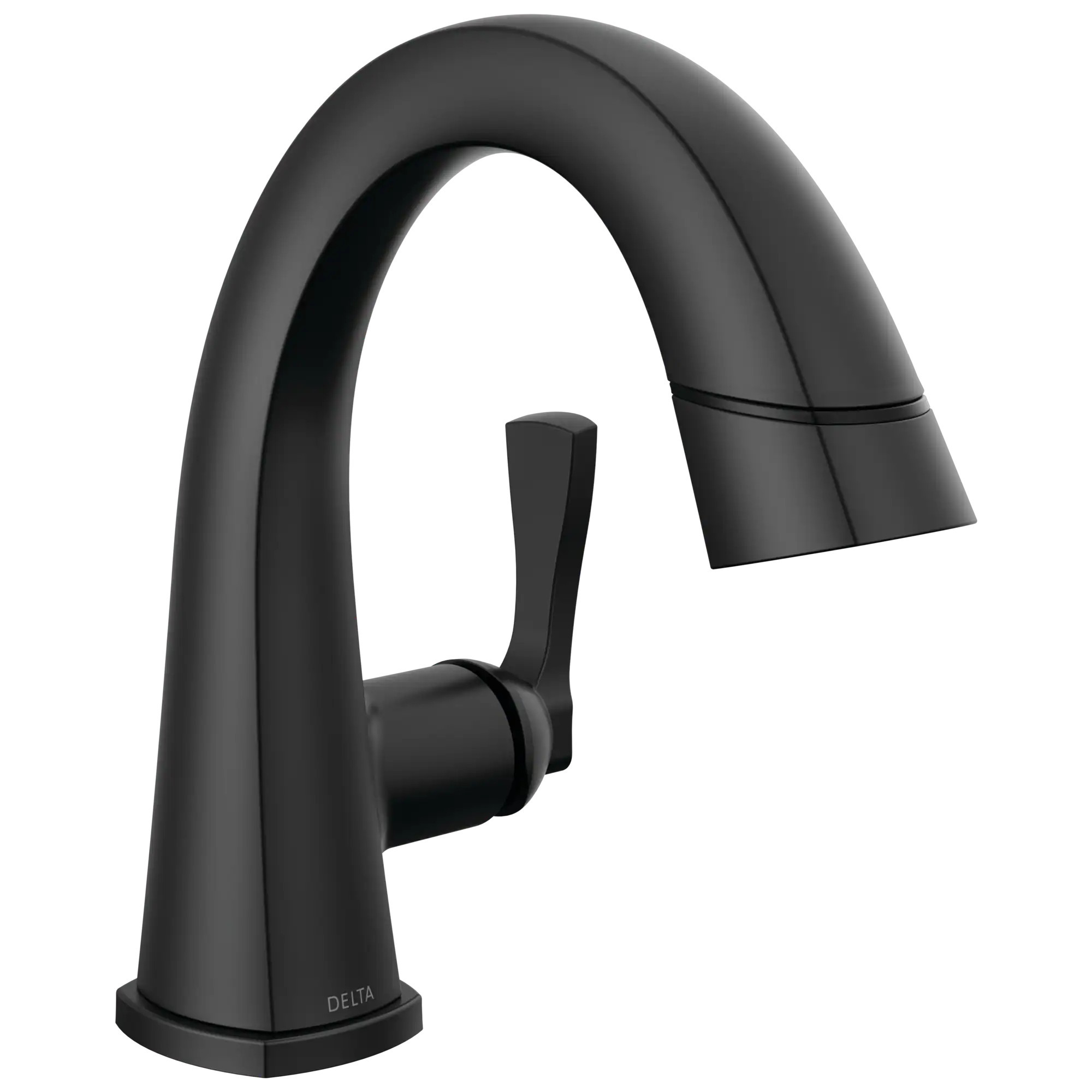 Delta Stryke Matte Black Single hole 1-handle WaterSense Mid-arc Residential Handle Pull-down Bathroom Sink Faucet with Drain with Deck Plate | Lowe's