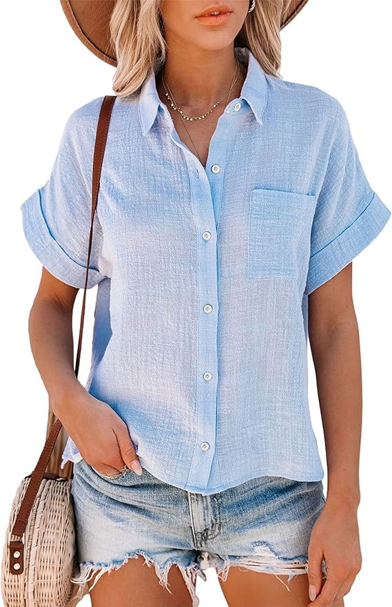 Womens Short Sleeve Cotton Button Down Up Shirt Collared V Neck Tops Shirts Blouses Dress for Wom... | Amazon (US)
