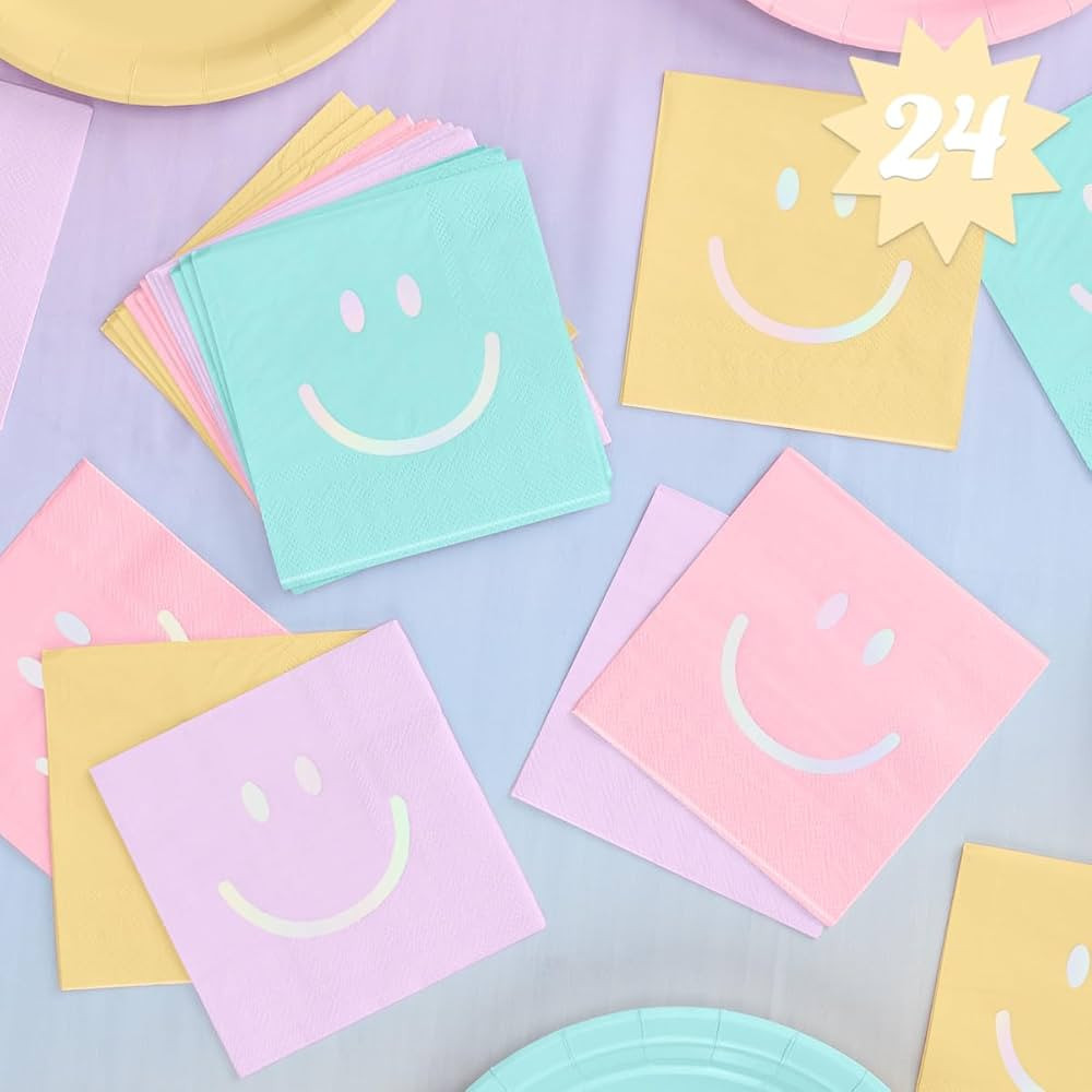 xo, Fetti Smile Party Napkins, 3-ply, 24 pcs - Happy Pastel Birthday Party Decorations, Cute Bach... | Amazon (US)