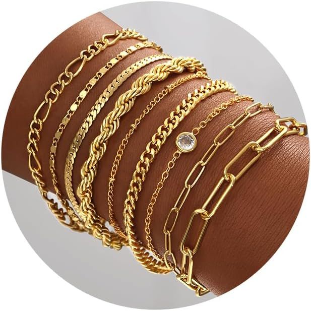 Gold Bracelets for Women, 14K Gold Plated Dainty Bracelets Set, Layered Chain Bracelets Pack | Amazon (US)