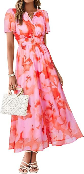 Simplee Women Floral Summer Maxi Dress Boho Flowy Casual Chiffon Short Sleeves V Neck Long Weddin... | Amazon (US)