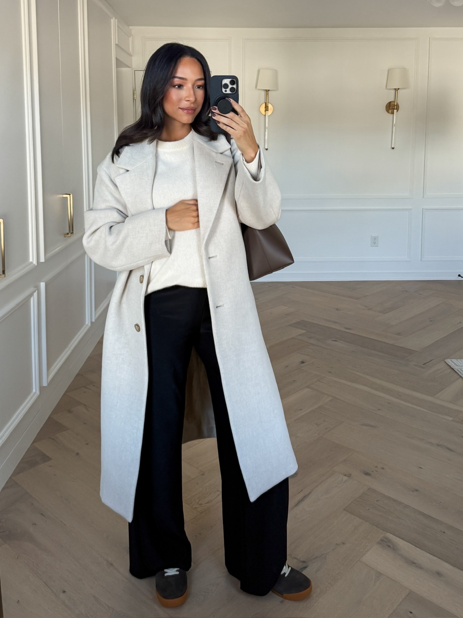 Winter work outfit! Wearing size S cream sweater, size M black wide leg pants, size M cream wool coat, sneakers fit tts Winter

Winter outfit
Winter fashion
Winter style 
Workwear
Business casual 
Office outfit 

#LTKWorkwear #LTKBump #LTKSeasonal