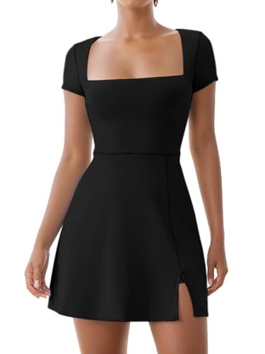 Dokuritu Womens Tennis Dress Short Sleeve Square Neck Golf Dress Sexy Side Slit 2024 Summer Active Exercise Athletic Dress with Built in Shorts & Bra Black | Amazon (US)