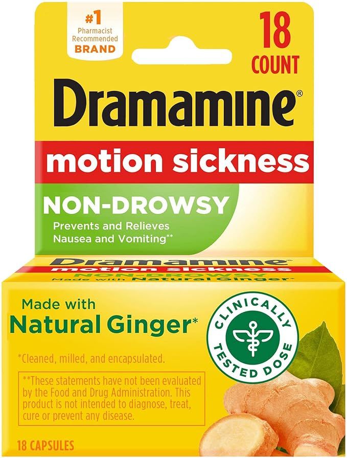 Dramamine Non-Drowsy, Motion Sickness Relief, Made with Natural Ginger, 18 Count | Amazon (US)
