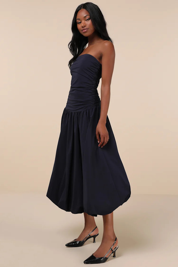 Caggie Navy Strapless Drop Waist Midi Dress | Lulus