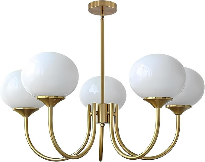 BOKT 5 Light Contemporary Milk White Glass Globe Chandelier Vintage Gold Sputnik Chandelier Light... | Amazon (US)