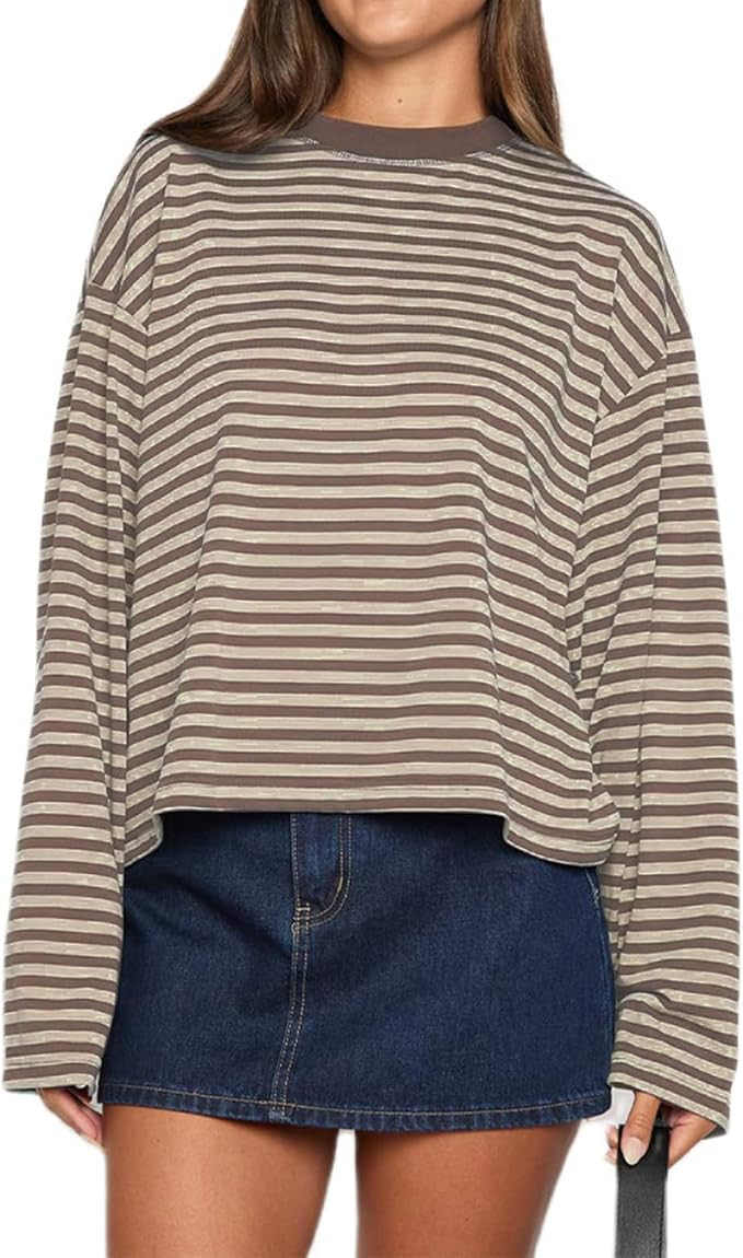 Y2k Womens Striped Cropped Shirt Drop Shoulder Long Sleeve Crewneck Sweatshirt Fairy Grunge Sweat... | Amazon (US)