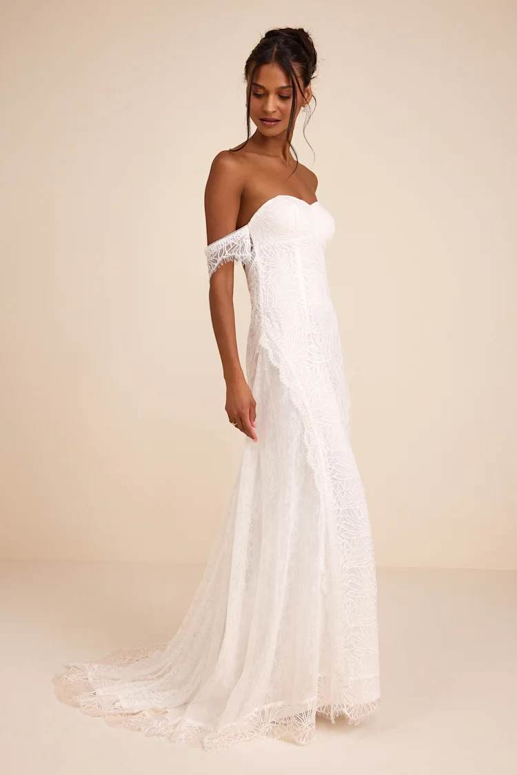 Faye White Embroidered Lace Off-the-Shoulder Maxi Dress | Lulus