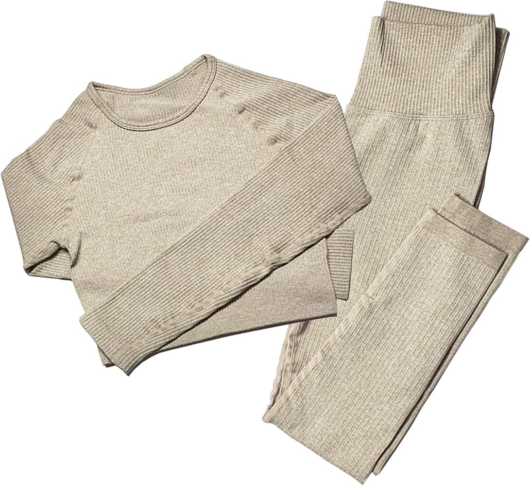 Mayround Seamless Women Yoga Sets 2 Pieces Ribbed | Long Sleeve Top and High Waist Leggings Gym C... | Amazon (UK)