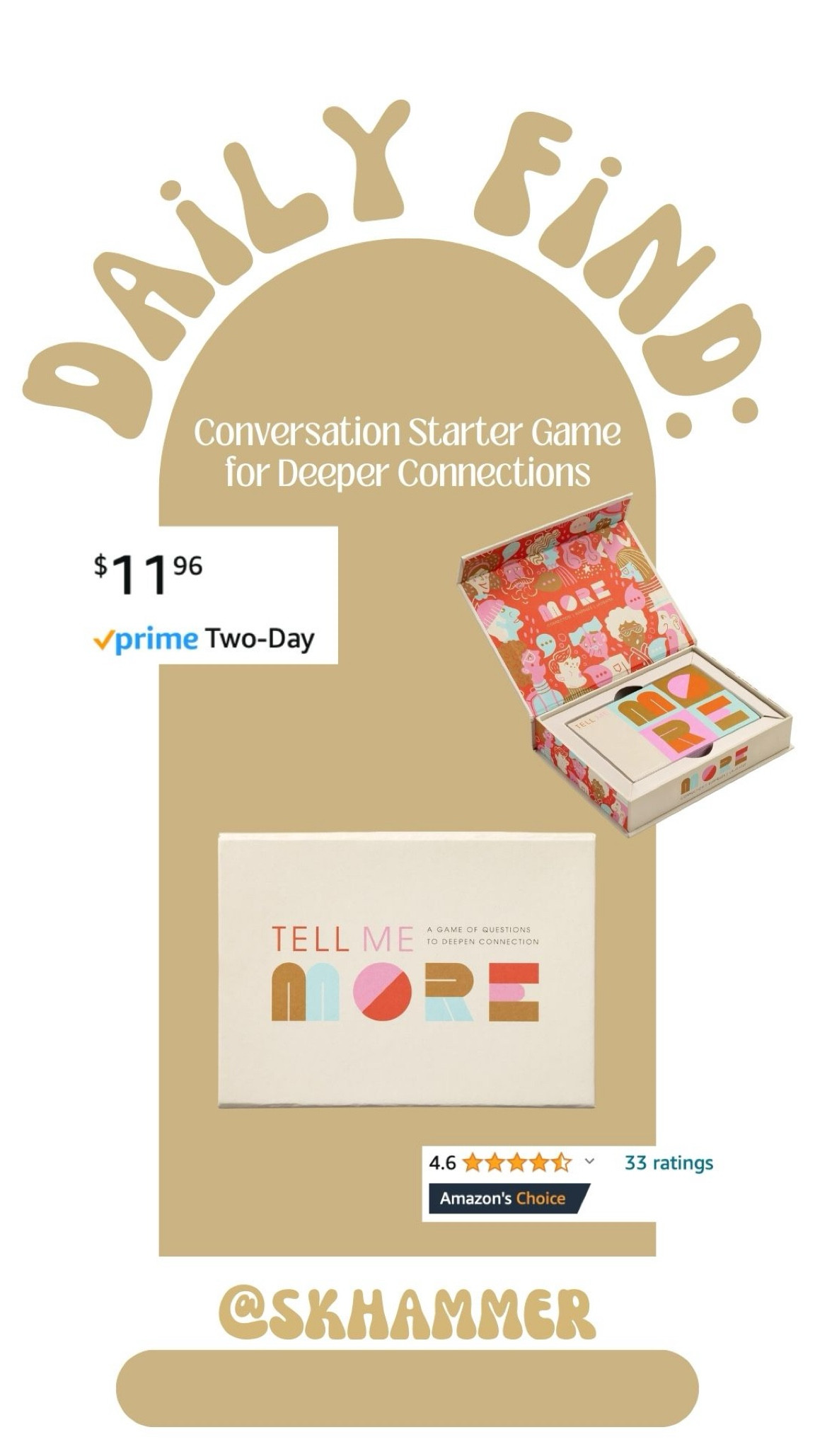 Daily Find! Are you hosting a girls night or date night in soon? When I found this conversation starter kick on Amazon, I thought it would be the perfect activity for my next girls night in! Or even a great hostess gift!

The Tell Me More Conversation Starter Game focuses on deepening connections, inspire quality time, and create memories! 

#LTKparties #LTKGiftGuide #LTKhome