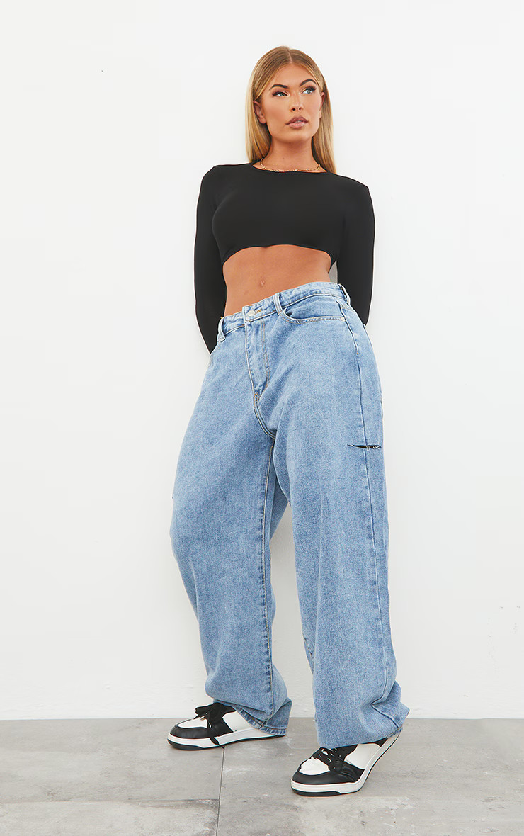 Light Blue Wash Thigh Split Baggy Boyfriend Jeans | PrettyLittleThing US