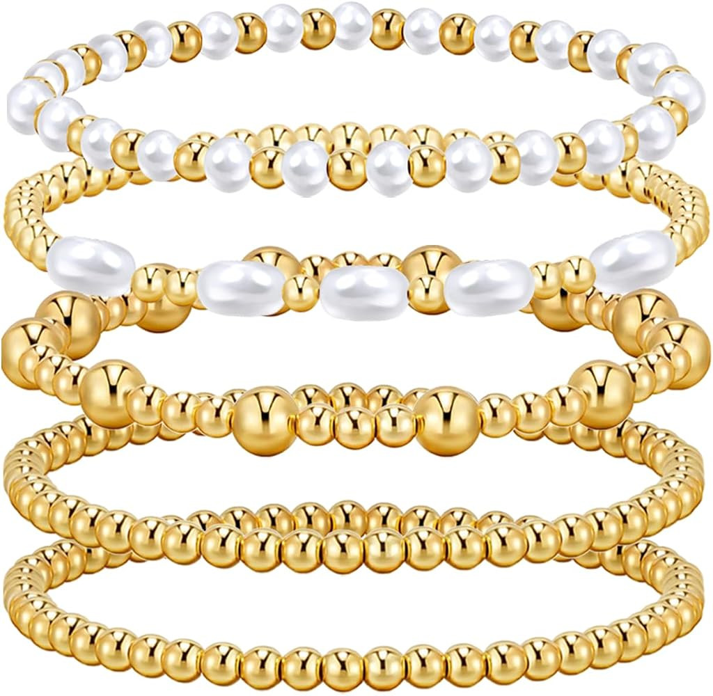 Gold Bracelets for Women Pearl Bracelet 14k Gold Plated Beaded Bracelet for Women Gold Stretch Be... | Amazon (CA)